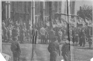 Boy Scouts and their families entering the cathedral for the rally