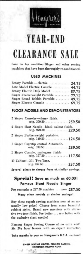 Buffalo NY Courier Express 1958 Singer Featherweight Ad