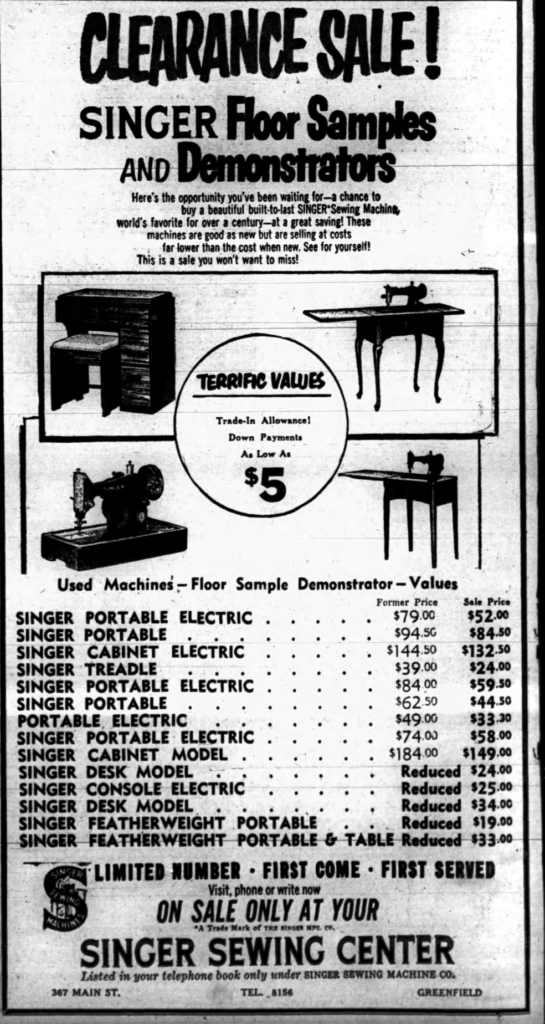 Greenfield MA Recorder Gazette 1953 Singer Featherweight Ad